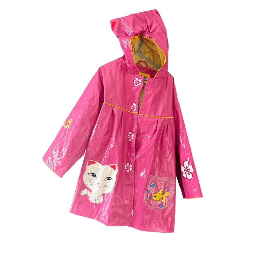 Kidorable Y2k Lucky Cat Pink Hooded Rain Jacket Girls Size 6/7 Waterproof Coat